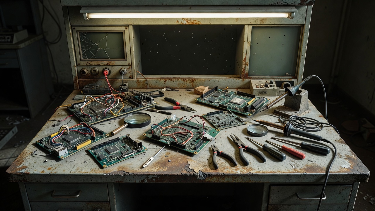 A worn terminal, exposed circuit boards and repair tools on an empty metal workbench