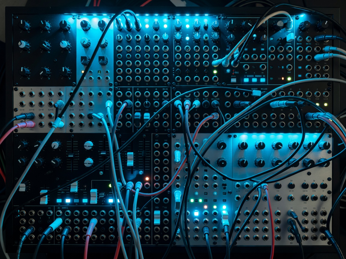 Unbranded analogue synthesis equipment and tangled patch cables illuminated by cyan light