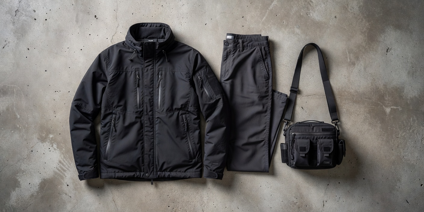 Unbranded black technical jacket, charcoal trousers and a compact cross-body bag arranged on a concrete surface