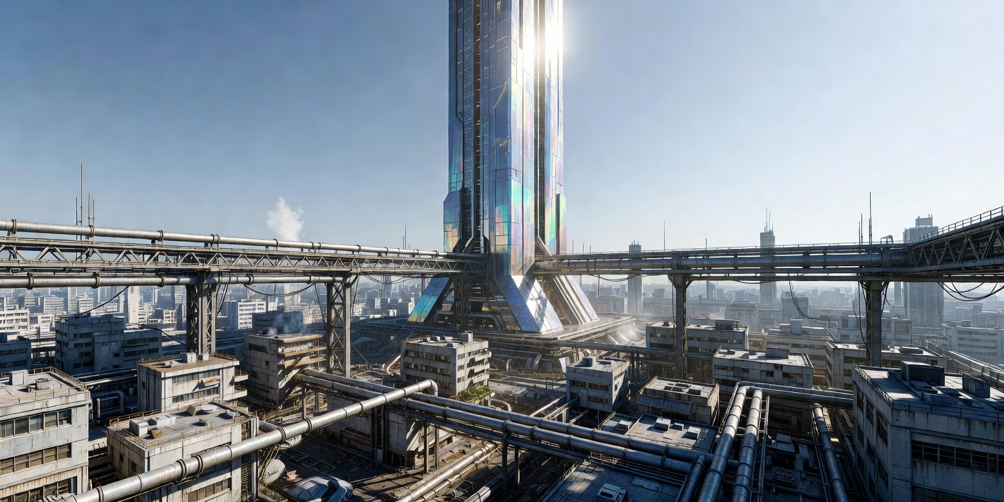 A brightly lit futuristic tower rising above tightly packed service buildings and elevated pipes