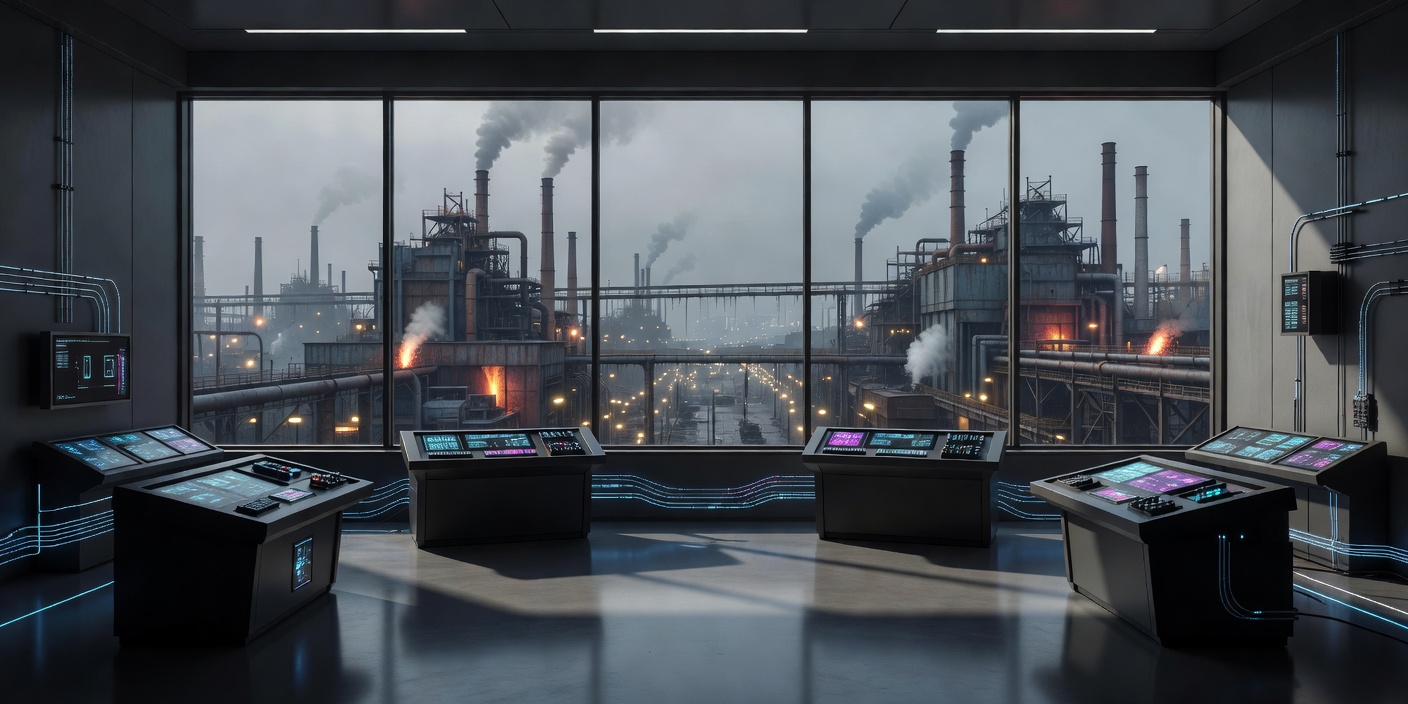 Unbranded futuristic control room overlooking a dense industrial city through a wide window
