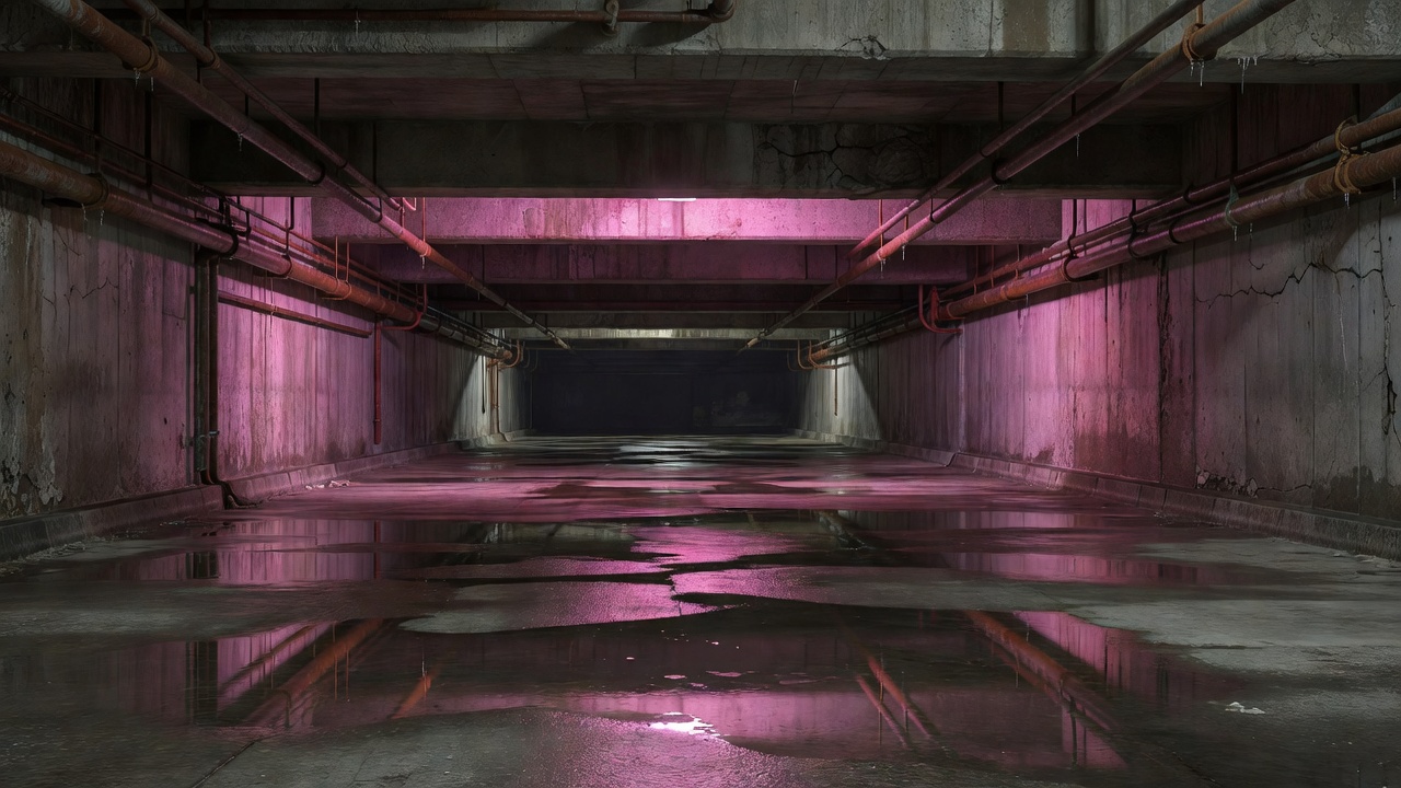 Empty concrete underpass with exposed pipes and magenta reflections on wet paving