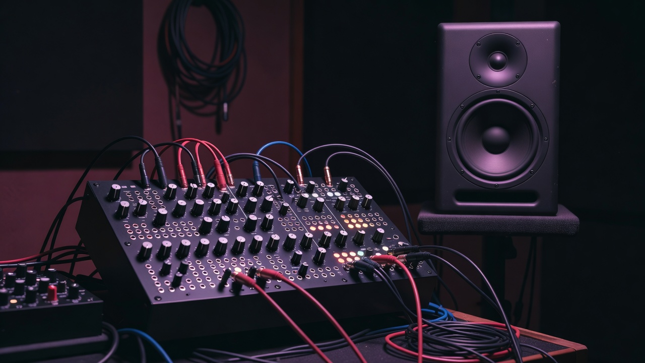 Unbranded modular synthesiser with patch cables beside a studio speaker in subdued magenta light