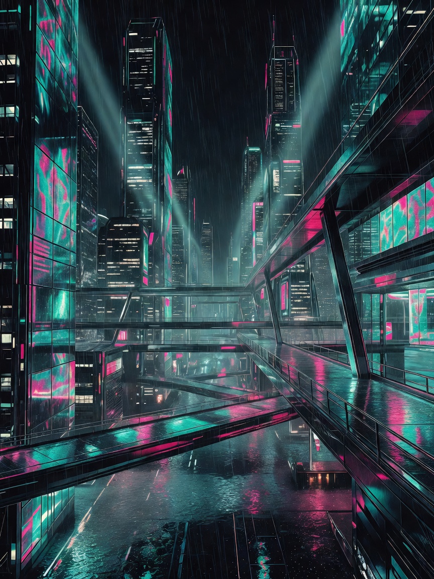 Cyan and magenta light washing over a rain-soaked futuristic city with elevated walkways