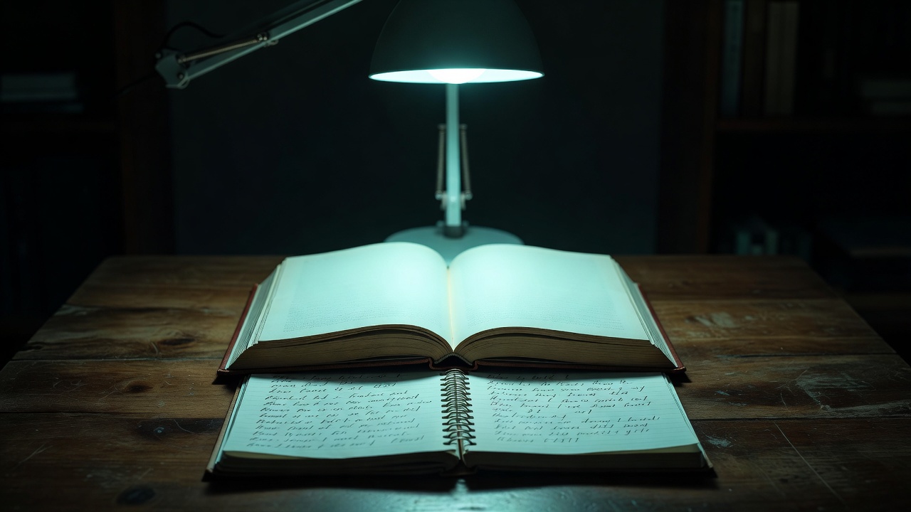 An open unmarked book and a notebook beneath a cyan desk lamp, without legible text