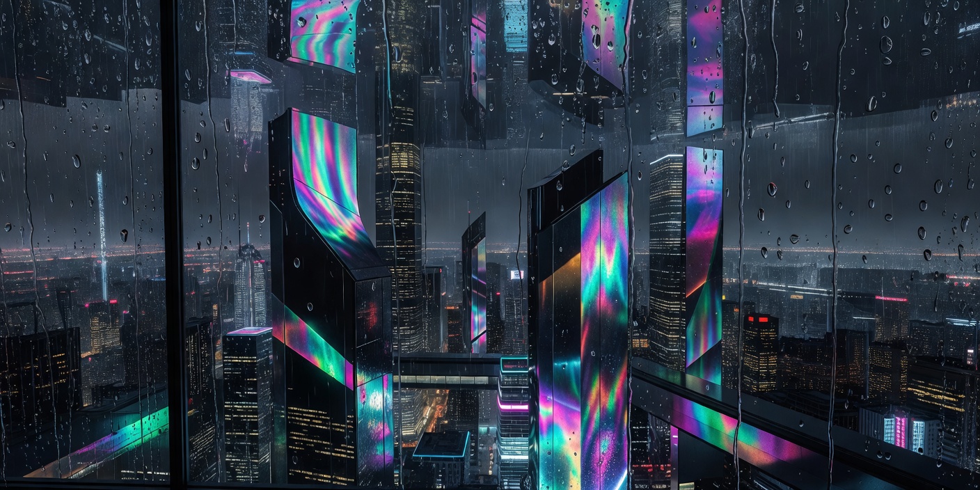 A futuristic city of illuminated towers reflected in a rain-covered window, with no people or signs