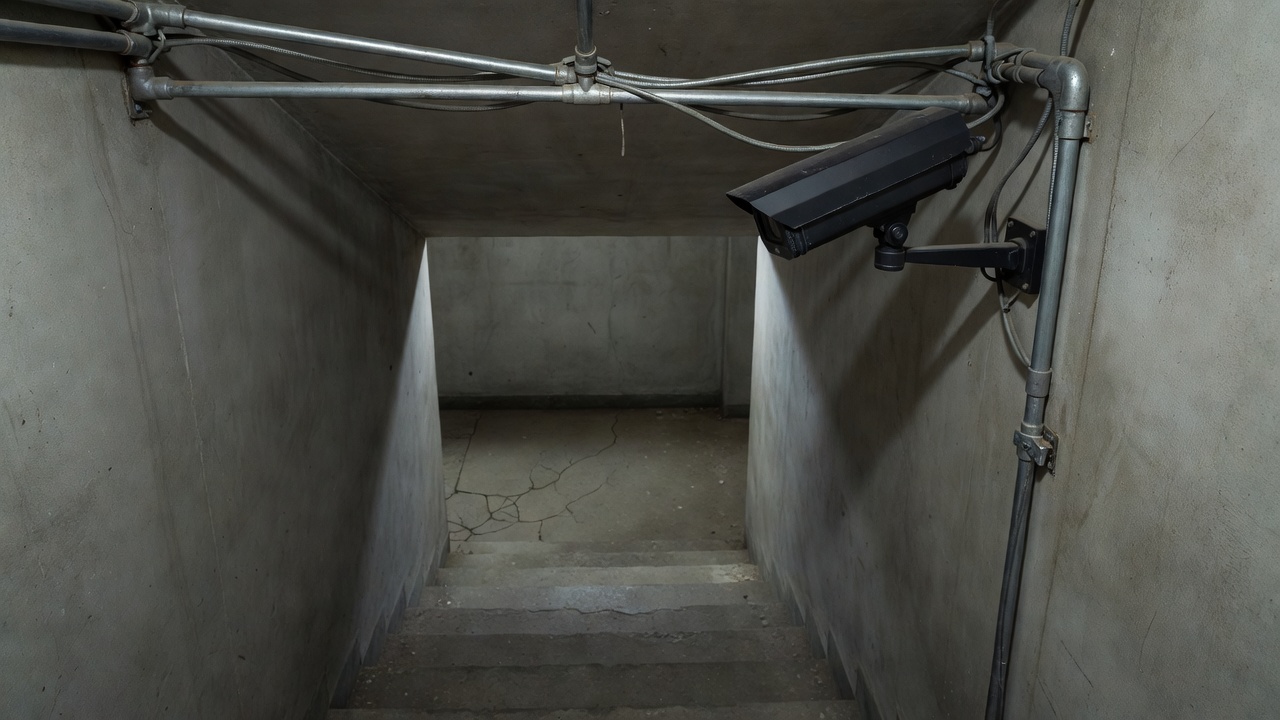 An unbranded security camera and exposed cable conduits above an empty concrete stairwell