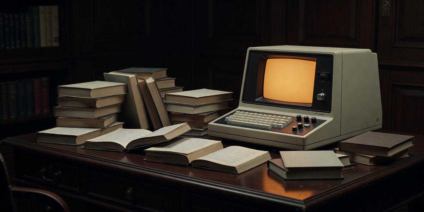 Unmarked paperback books beside an amber-lit retro terminal on a dark reading desk